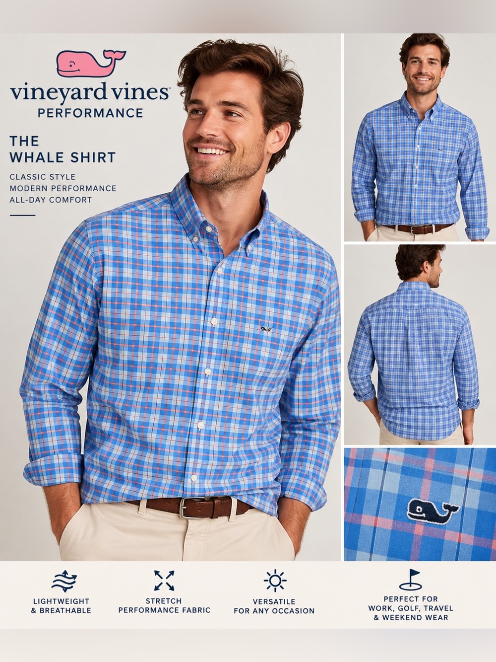 Vineyard Vines Performance Whale Shirt Men’s XL Blue Pink Plaid Button Down